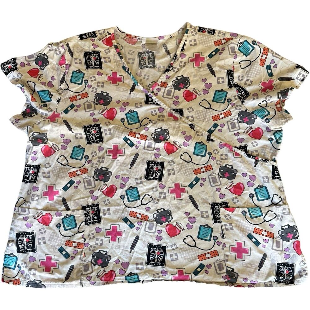 Scrubstar Scrub Top - Size 3XL White Multicolor Health Care V Neck Scrubs  Shirt